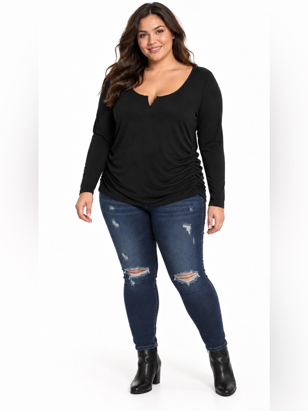 torrid Black V-Notch Long Sleeve Top with Side Ruching